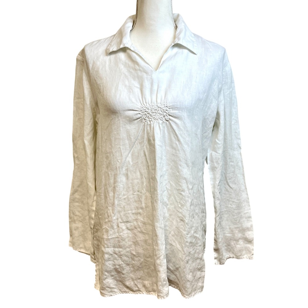 J JILL White Linen Tunic Shirt M Tall Smocked Long Sleeve Coastal Hamptons